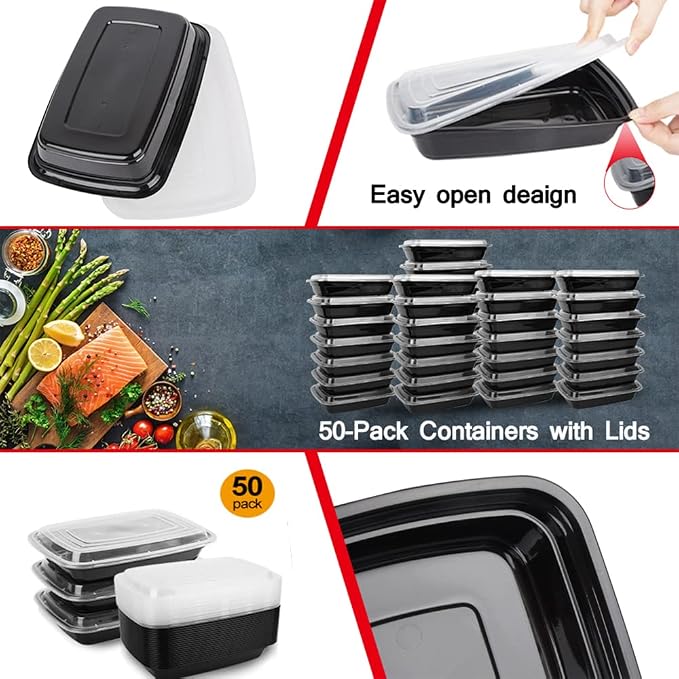 Reusable Food Meal Prep Containers with Lids, 50-Pack 24 OZ. | Reusable Microwave Disposable Plastic Bento Boxes BPA Free Lunch Storage Boxes for Meal Prepping-Stackable, Dishwasher Safe. - Image 6