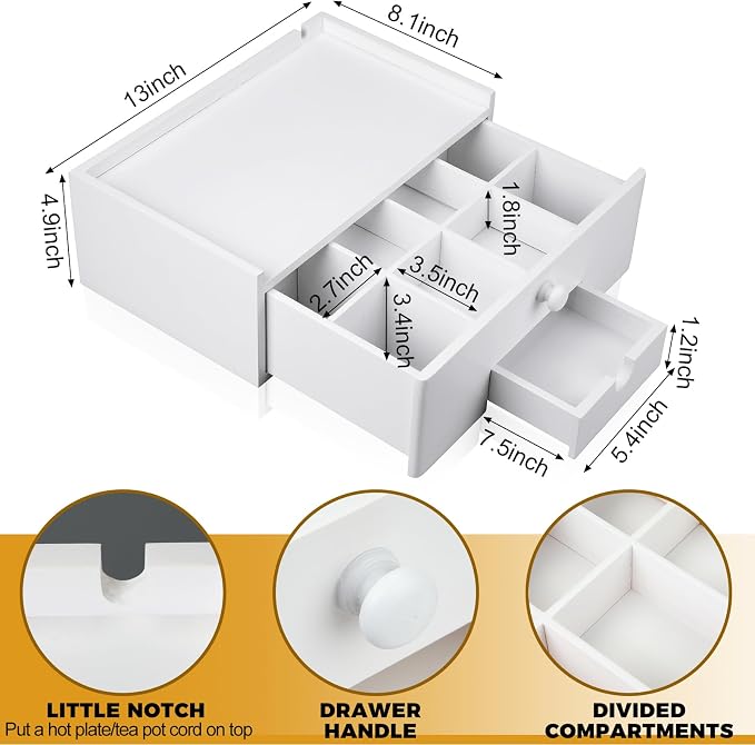Cinnvoice Tea Bag Organizer Wood Tea Organizer Storage Box 8 Compartments Container Holder with Lid to Storage and Keep Fresh(White) - Image 3