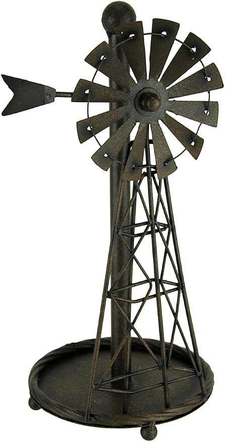 Rustic Distressed Metal Art Windmill Paper Towel Holder Kitchen Table Decor | Countertop standing roll dispenser, vintage farmhouse country style home decoration, unique moving wheel tabletop accent by De+Leon+Collections