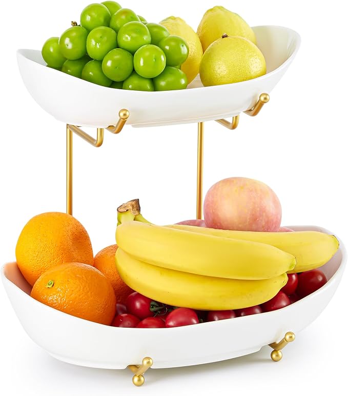 2 Tier Fruit Bowl, Ceramic Fruit Basket for Kitchen Counter | Fruit Holder for Kitchen, with Metal Stand, No Installation Required, Save Space, Easy to Clean, Modern, Gold&White, Large by MakeYourHomeCozier%EF%BC%81