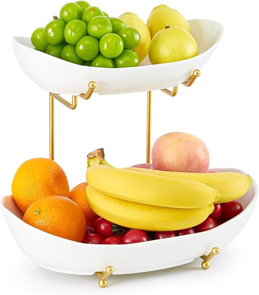2 Tier Fruit Bowl, Ceramic Fruit Basket for Kitchen Counter | Fruit Holder for Kitchen, with Metal Stand, No Installation Required, Save Space, Easy to Clean, Modern, Gold&White, Large by MakeYourHomeCozier%EF%BC%81