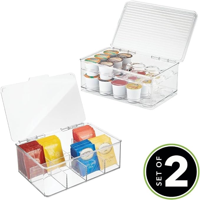mDesign Plastic Stackable Divided Storage Organizer with Lid for Tea Bags and Coffee Pods in Kitchen Cabinet, Countertop, Ligne Collection, Includes 1 Tea Organizer and 1 Coffee Pod Organizer, Clear - Image 2