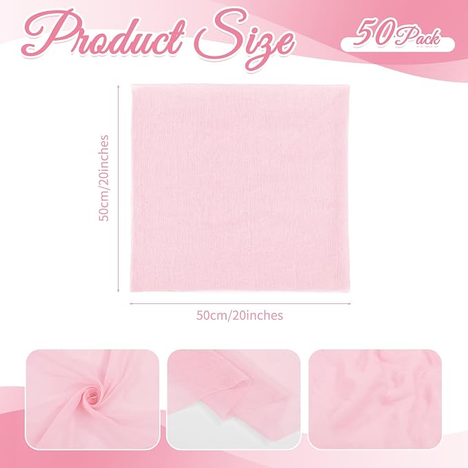 Pink Cheesecloth Napkins - Bulk Set of 50, 20x20 Inch Washable and Reusable Boho Cotton Gauze Light Pink Cloth Napkins for Weddings, Bridal Girl Baby Shower, Party and Banquet - Image 2