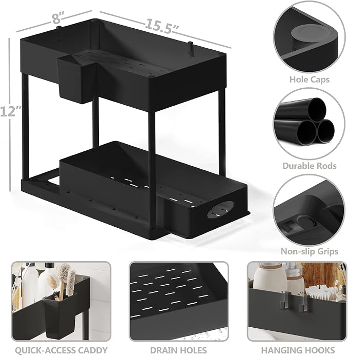 Under Sink Organizers and Storage, Bathroom Cabinet Organizer, Sink Shelf with Utility Hooks and Side Caddy for Under Cabinet Storage | Under Kitchen Sink Organizer with Sliding Drawer, Black (1-Pack) - Image 7