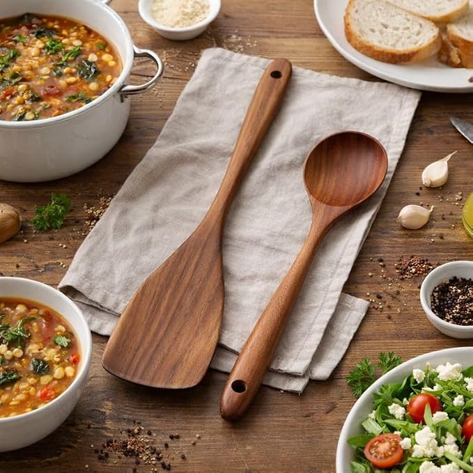 2 Piece Teak Wood Utensils Set– Flat Edge Turner & Serving Spoon – Non Toxic, Dishwasher Safe, Plastic Free Wooden Spatulas for Nonstick Pans – Essential Kitchen Utensils for Cooking" - Image 9