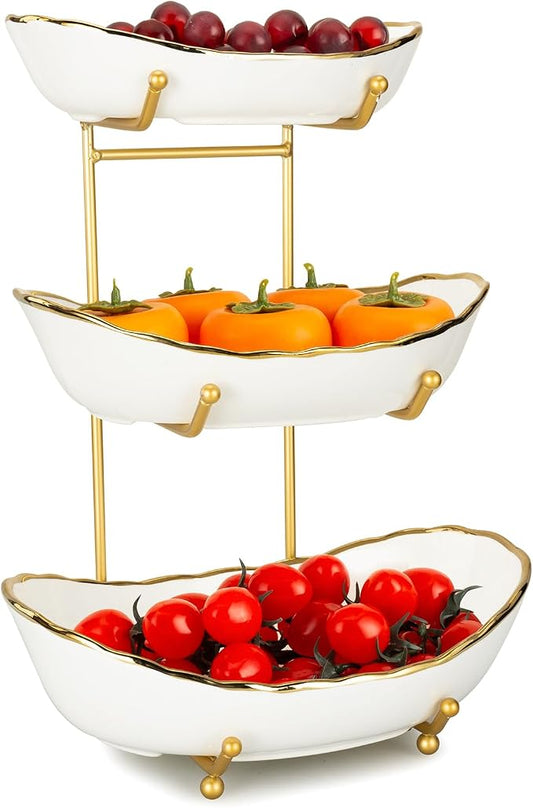3 Tier Fruit Basket Ceramic Fruit Bowl Vegetable Storage with Metal Rack Porcelain Fruit Stand Storage Holder for Kitchen Counter Large Capacity Fruit Holder for Bread, Snack | Ceramic Bowls, Metal Rack, Large Capacity, Perfect For Fruit, Vegetables, B... by YYW