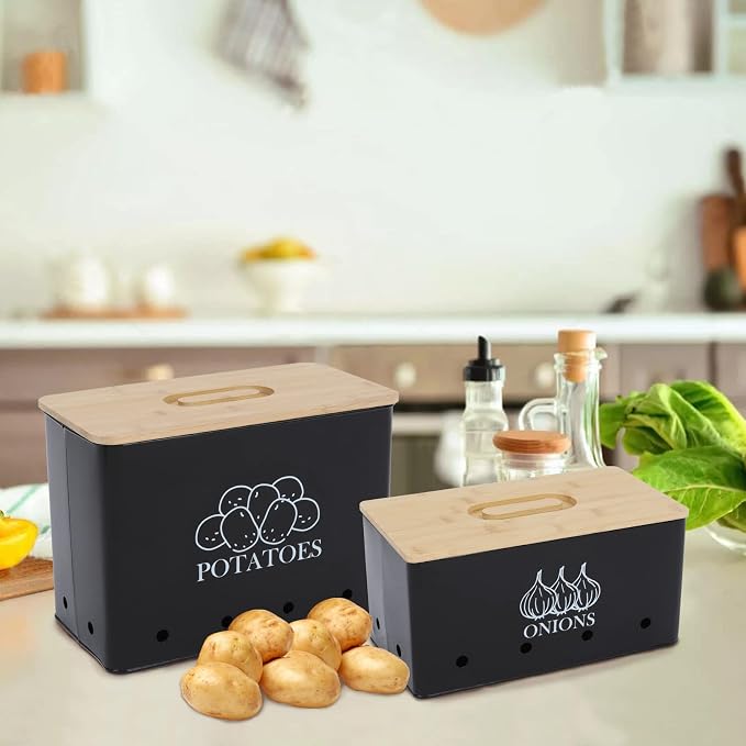 Potato Onion Storage Box, Food Container Sets, Storage Canisters for Vegeatables, Set of 2 Jars Pots Containers, Potato & Onion Bin with Aerating Tin Storage Holes & Bamboo Lid-Black - Image 4