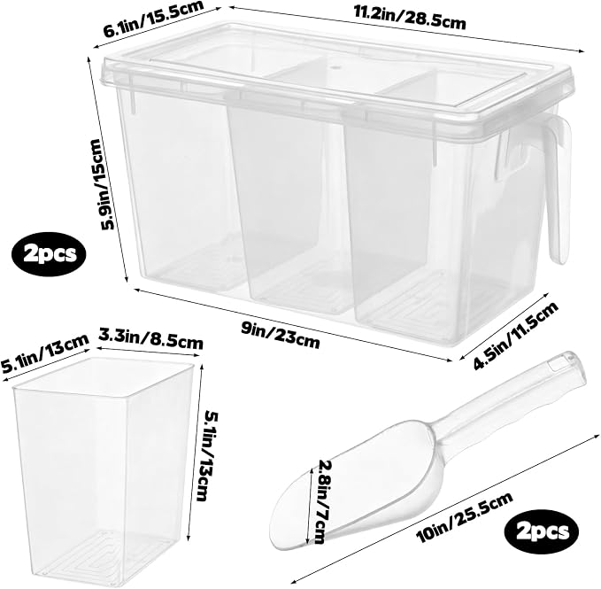 CIEOVO 2 Set 3 Divided Ice Bin for Freezer with Lid and 2 Scoop Set Plastic Freezer Ice Bin with Pull-Out Handle Clear Storage Bucket Kitchen Food Storage Organizer for Home Office Fridge Kitchen - Image 2