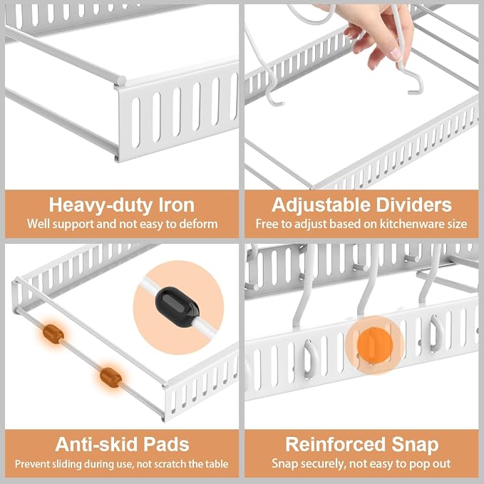Housolution 2 Pack Pot and Pan Lid Organizer Holder Storage Rack, White | 12"-23" Expandable, 14 Adjustable Dividers, Sturdy Metal Construction, Easy Assembly - Image 3