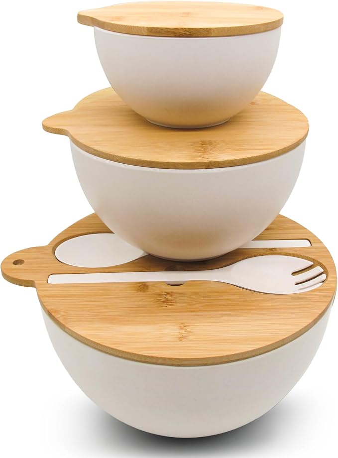 ECOWAY Salad Bowls Set of 3 with Seal Lid & Serving Utensils, Bamboo Fiber Mixing Bowls Set Large Serving Bowls & Storage Set with Bamboo Lid for Salad, Kitchen Eating, Pasta, Popcorn, Fruit, White by ECWAY