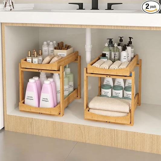 MHXW SXPN Bamboo Under Sink Organizer, 2 Pack Pull Out Cabinet Organizer | 2 Tier Vertical Smooth Slide Out Undersink Storage Shelf | Multi-Purpose Organizer Shelves for Kitchen Bathroom Medicine by MHXWSXPN