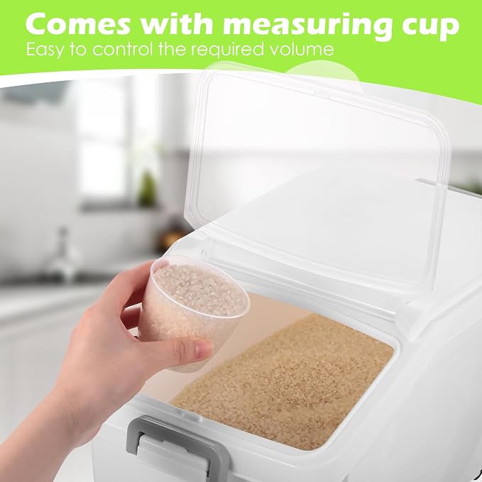 4 Pcs Rice Storage Containers Bulk Flour Sugar Container Wheels Measuring Cups Set Airtight Pet Dog Cat Birds Food Bin Grain Cereal Organizer Box for Dry Baking(White,22 lb) - Image 4