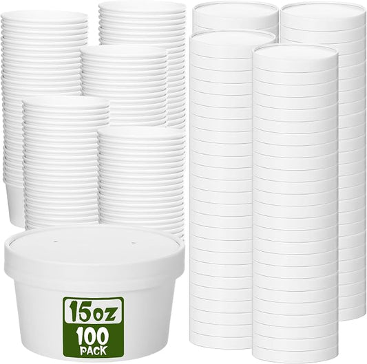Fulmoon 100 Pack Paper Soup Containers with Lids Disposable Paper Food Containers with Vented Lid Kraft Ice Cream Cake Dessert Cups Soup Bowl for Party Hot Food Fruit Microwave(15 oz,White) by Fulmoon