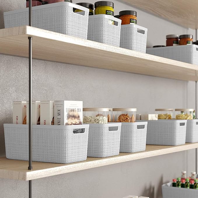 Curver Set of 8 Slim 6.8L Jute Decorative Plastic Organization and Storage Baskets - Perfect Bins for Home Office, Closet Shelves, Kitchen Pantry and All Bedroom Essentials, White - Image 5
