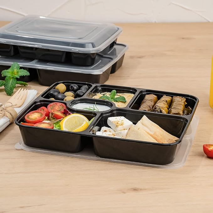 Restaurantware Asporto 53 Ounce Food Containers 100 Microwavable Take Out Food Containers - Clear Plastic Lids Included WIth 6 Compartments Black Plastic Catering Food Containers Disposable - Image 7