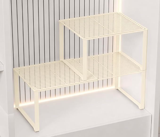 Extendable Metal Wire Shelf Organizer - Adjustable 15-24.4in Length, Stackable Storage Rack for Kitchen/Pantry/Bathroom/Shoe Cabinet/Tool Closet (2, Cream) by HGZBS