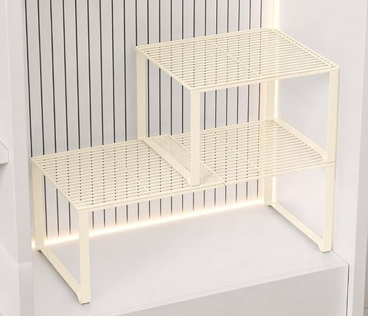 Extendable Metal Wire Shelf Organizer - Adjustable 15-24.4in Length, Stackable Storage Rack for Kitchen/Pantry/Bathroom/Shoe Cabinet/Tool Closet (2, Cream) by HGZBS