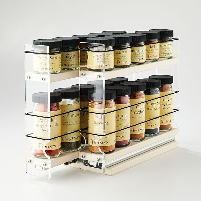 Narrow Pullout Spice Rack - Sliding Drawer for Kitchen Organization - Pantry Organizers and Storage - 2 Drawers & 2 Tiers - 10 Spice Jar Capacity (4.6" W x 9.25" H x 10.6" D, Cream) - Image 4