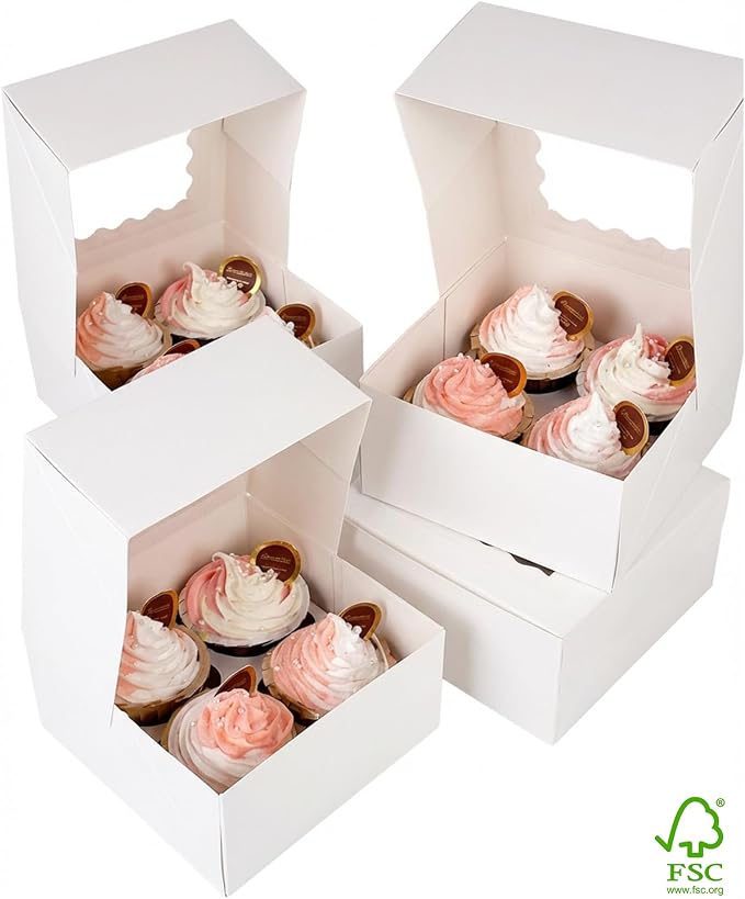 qiqee Auto-pop Up Cupcake Boxes with Window White 100PCS 4 Count Cupcake Box 6.3"x6.3"x3" Cupcakes Carrier, 4 Cupcake Containers - Image 3