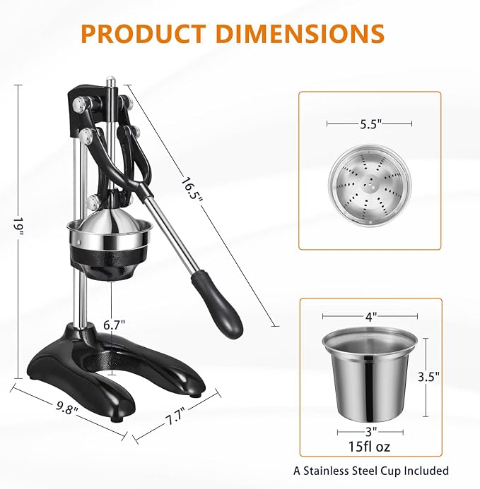 TONGCHANT Cast Iron Manual Juicer, Dual Pattern & 19" Tall | Heavy Duty Orange Juicer Squeezer for Lemon Lime & Pomegranate, Citrus Press, Stainless Steel Cup, Easy to Clean, Black - Image 5