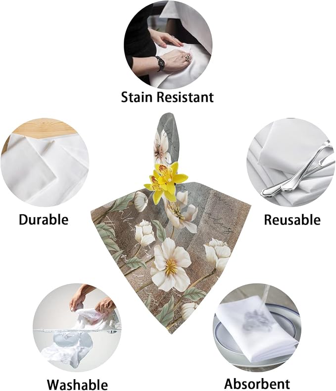 White Flower Cloth Napkins Set of 4, Rustic Floral Brown Grey Abstract Oil Paining Dinner Napkins Cloth Washable, Cocktail Napkins Reusable for Wedding, Party, Birthday (20"x20") - Image 6