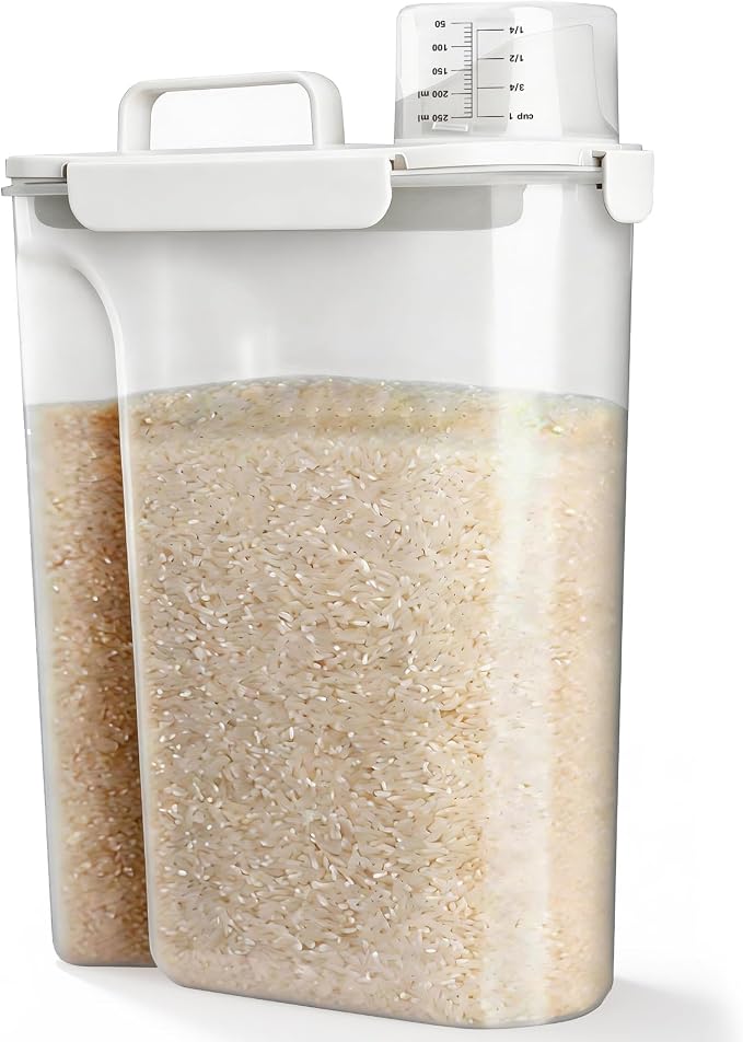 Viretec Rice Storage Container, 15 to 20lb Dry Food Airtight Dispenser, Pet Dog Cat Food Canister, BPA Free Clear Plastic Kitchen and Pantry Organization Bin for Oatmeal, Cereal, Pasta, Flour White by Viretec