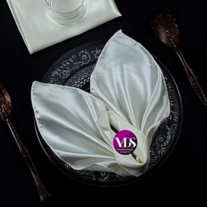VDS - 100 Pieces | Satin Napkins 12 x 12 Inch Square | Kitchen & Dinner Table Napkins Cloths Handkerchief for Restaurant Bistro Wedding Christmas Birthday Party Dinner Decoration (Ivory) by VDS