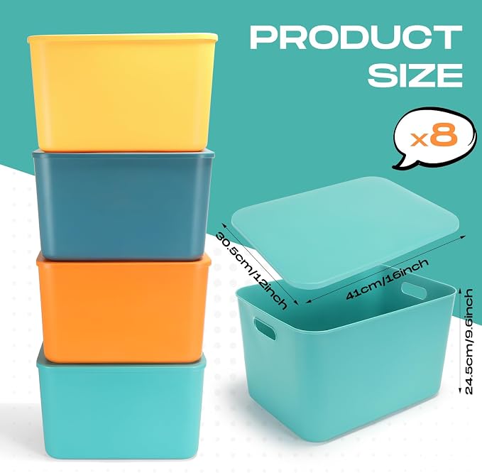 8 Pieces Colorful Storage Bins with Lid, Plastic Storage Basket Organizing Container Stackable Box with Handle for Shelves Desktop Playroom Office(16.1 x 12.0 x 9.7 Inch,Multi-colored) - Image 2