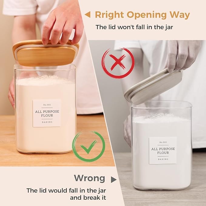 2 Pack Square Glass Flour and Sugar Containers with 132 Kitchen Pantry Labels - Thicken 120 FL OZ Large Glass Storage Jars with Airtight Bamboo Lid - Big Food Canisters for Cookies, Rice, Coffee - Image 7