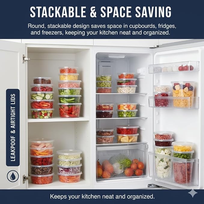 1ABOVE 50 Pack Round Plastic Food Containers with Lids – Reusable Leakproof BPA-Free Meal Prep Storage, Microwave, Freezer & Dishwasher Safe (450ML) - Image 6