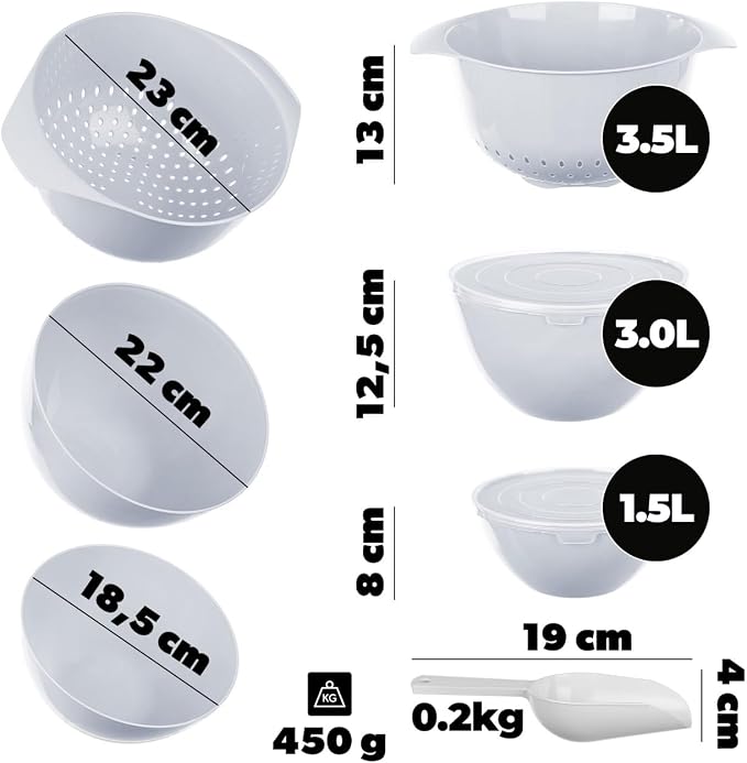 KADAX Plastic Bowl Set - Mixing Bowls with Lids 1.5L & 3L, Scoop & 3.5L Kitchen Strainer - Stackable Kitchen Accessories for Baking, Cooking, Washing & Storing - Image 3