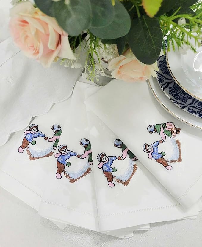 Embroidered Children Play with Snow Design Cloth Napkins Set of 6, 17"x17" Hemstitch Table Napkins Dinner Napkin Machine Washable for Dining Room, Daily & Holidays, Events, Great Present Ideas - Image 4