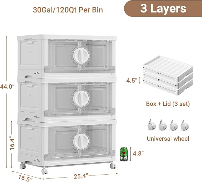 BROVIEW 360Qt Lockable Stackable Storage Bins with Lids, Closet Organizers and Storage Drawer, Collapsible Storage Bin with Wheels, Plastic Cabinet for Toy Clothes Dorm Organizer, V9 3 Pack White - Image 2