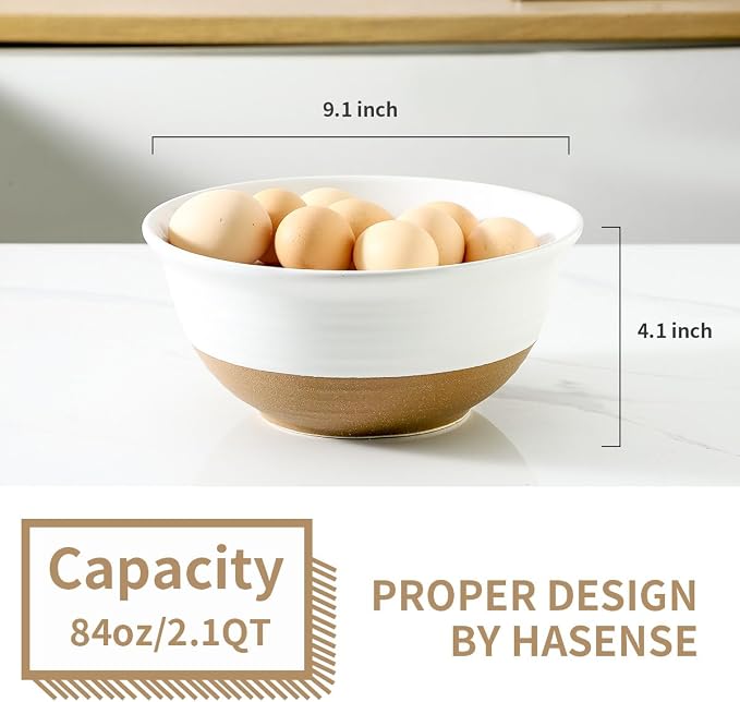 HASENSE Large Ceramic Serving Bowls Set of 2, 84 Oz 9 Inch White & Terracotta Stoneware Mixing Bowls, Farmhouse Bowls for Salad, Baking, Popcorn & Side Dishes, Dishwasher & Microwave Safe - Image 3