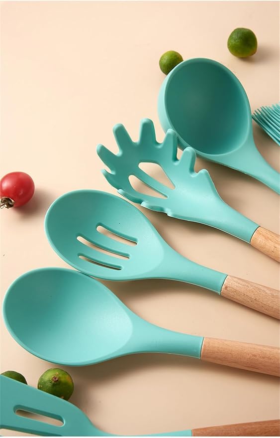 19 Pcs Kitchen Cooking Utensils and Knife Set with Block, Include 11 Pcs Silicone Cooking Utensils Set 5 Pieces Sharp Stainless Steel Chef Knives Scissors Whisk Tongs and Cutting Board (Teal) - Image 4