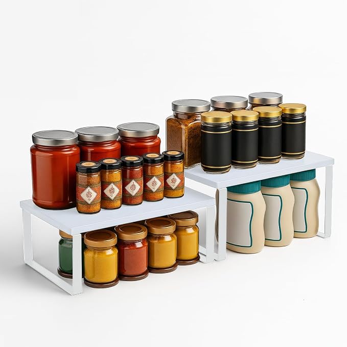 Sben Cabinet Organizer Shelf, Set of 2 Kitchen Counter Shelves, Kitchen Storage, Spice Rack, Stackable, Expandable, Metal and Engineered Wood, White - Image 6
