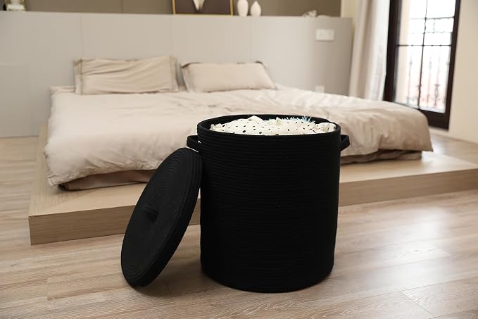 16x18 Inch Extra Large Round Cotton Rope Storage Basket with Lid, Decorative Woven Bin with Cover for Living Room Bedroom Closet, Black - Image 9