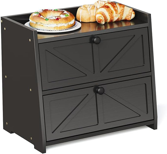Trironsun Vintage Double Layer Bread Box for Kitchen Counter Bamboo Bread Storage Container Large Capacity Bread Storage Bin (Black) by TrironsunHome