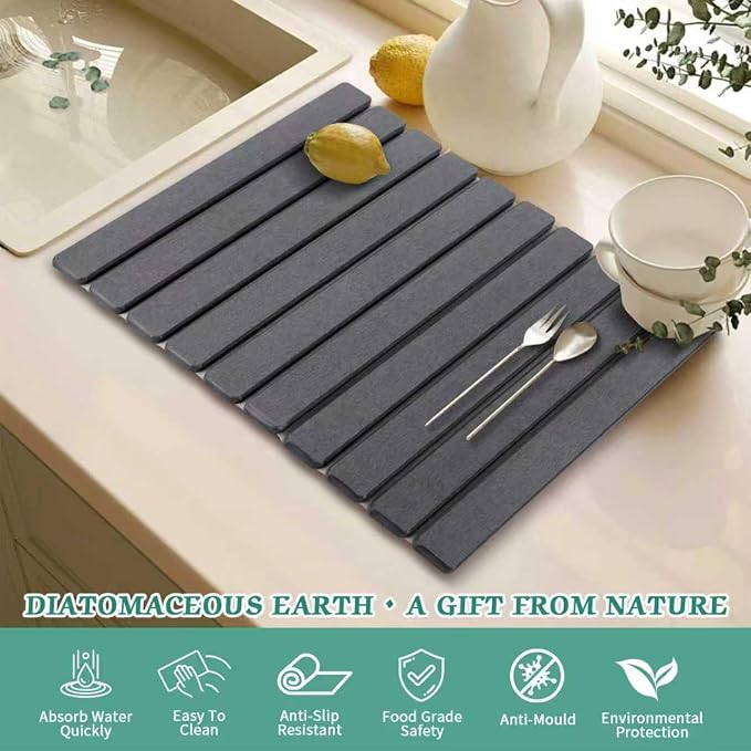 Stone Dish Drying Mat for Kitchen Counter, 24 x 16 Inch(Dark Gray) | Absorbent diatomaceous earth and PVC, folds for compact storage, suitable for dishes, cups, bottles, or a bathroom floor mat - Image 4