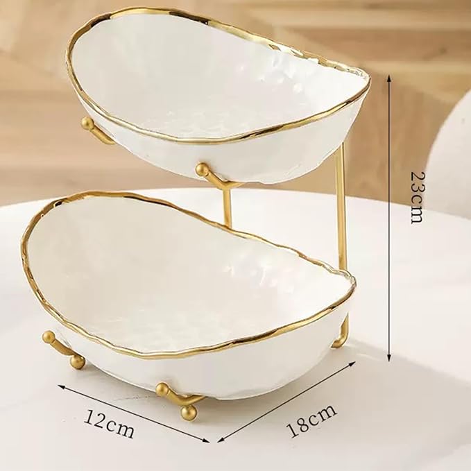 Ceramic Fruit Bowl,2-Tier Countertop Fruit Basket with Metal Stand,Space Saving Modern Tiered Fruit & Snack Stand for Kitchen, Party, Desserts, Nuts and Cake(Gold, 2 Tier) - Image 2