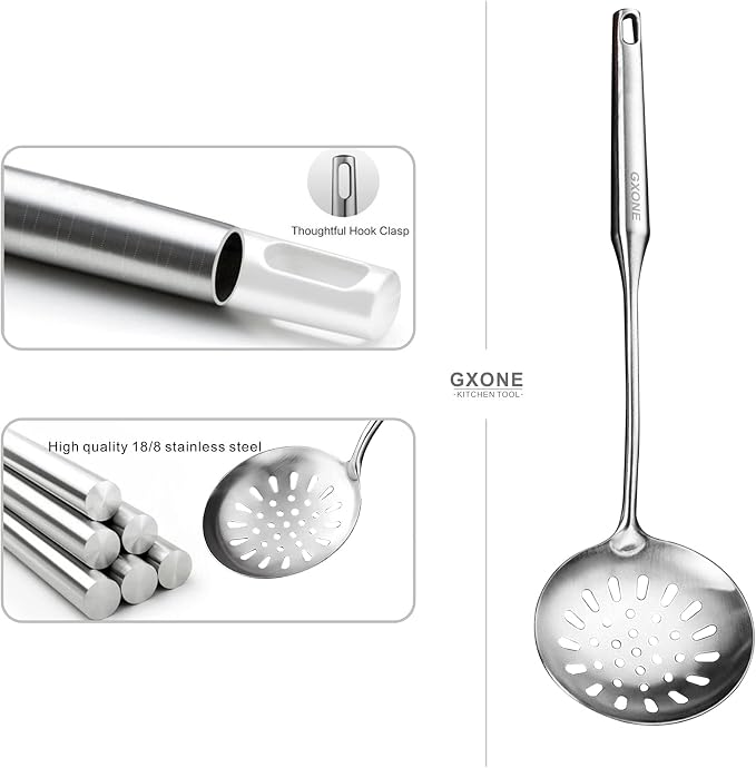 Slotted Spoon,Strainer Skimmer Ladle for Cooking and Frying,15.8Inch | 304 Stainless Steel,Round handle,Strainer Skimmer Ladle,Strainer Pasta Spoon,For Kitchen Cooking - Image 3