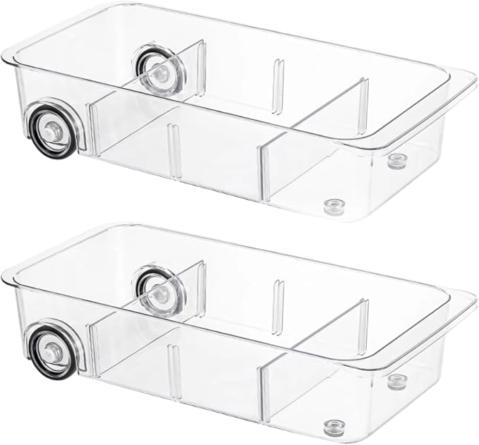 Roll-Out Refrigerator Organizers and Storage, 2 Pack Drawer Fridge Bins | Silicone Wheels, Adjustable Dividers, Thick Clear PET, Built-In Handle, for Fridge, Pantry, Bathroom & Kitchen Organization by Attelite