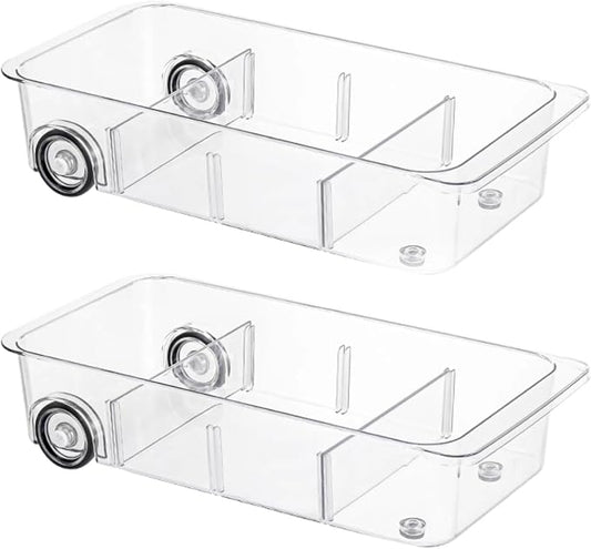 Roll-Out Refrigerator Organizers and Storage, 2 Pack Drawer Fridge Bins | Silicone Wheels, Adjustable Dividers, Thick Clear PET, Built-In Handle, for Fridge, Pantry, Bathroom & Kitchen Organization by Attelite