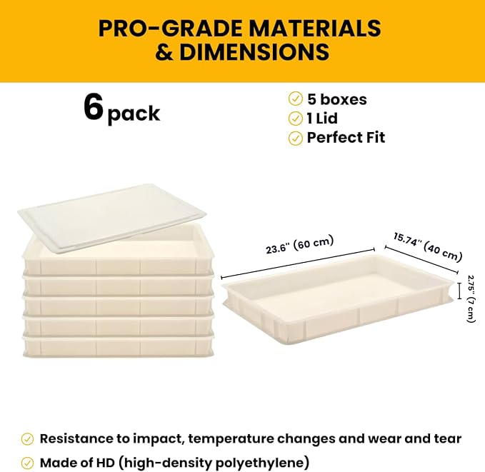 L'Oro Del Sud Commercial Dough Proofing Box Tray with Lid, White, 5 Pack | 23.6" x 15.74" x 2.75" Stackable Pizza Dough Container, Impact & Temperature Resistant Bin, Pizza Tray, Product of Italy - Image 3