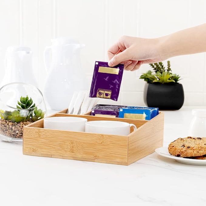 Restaurantware-8.3 x 8.3 x 2 Inch Coffee Condiment Organizer, 1 Square Creamer Organizer - 3 Compartments, Break-Resistant, Bamboo Coffee Accessory Caddy, Won't Chip, For Sugar Packets And Creamers - Image 5