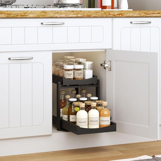 MHXW SXPN Bamboo Under Sink Organizer, 2 Pack Pull Out Cabinet Organizer | 2 Tier Vertical Smooth Slide Out Undersink Storage Shelf | Multi-Purpose Organizer Shelves for Kitchen Bathroom Medicine - Image 2