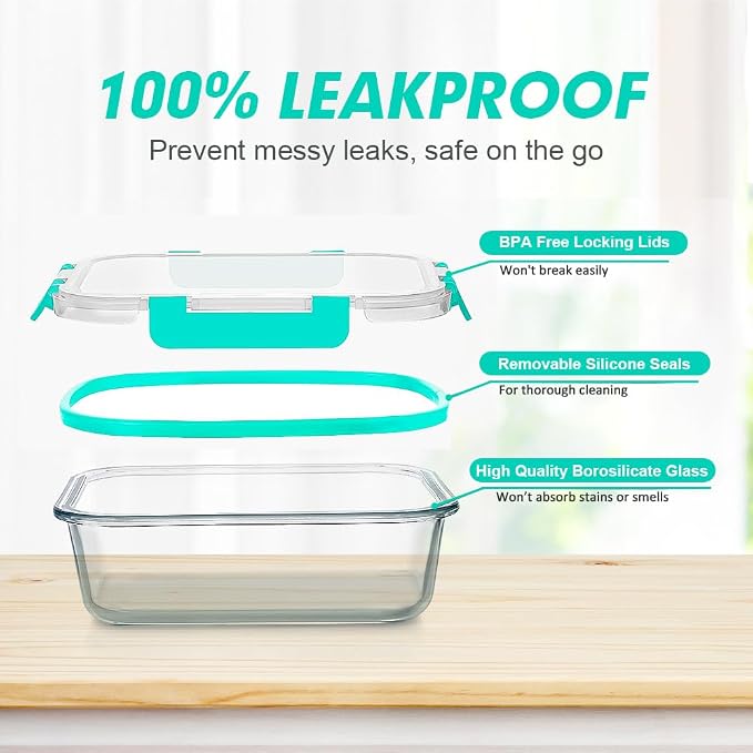 VERONES 12 Packs Glass Food Storage Containers Set with Lids, Green | Airtight Glass Lunch Containers, Glass Meal Prep Containers with Lids, for Microwave, Oven, Freezer & Dishwasher Friendly - Image 3