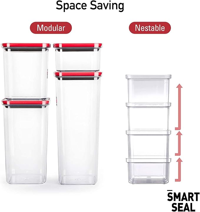 Neoflam 16 Set, Kitchen Pantry Airtight Smart Seal Square Dry Food Storage with Lid, BPA Free, Modular, Stackable, Clear Canister for Cereal, Sugar, Flour, Snack, Coffee, Pasta, Spaghetti Container - Image 2
