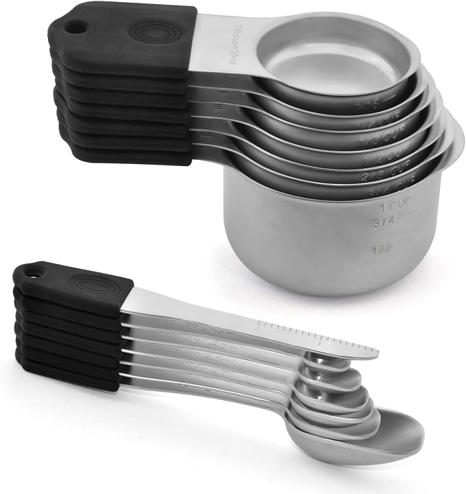 Magnetic Measuring Cups Set, 7 Pieces 18/8 Stainless Steel Stackable Nesting Heavy Duty Metal Measure Cups, Color Silicone Handle Kitchen Tools for Dry and Liquid Ingredients (14, Black) by WARMHEART