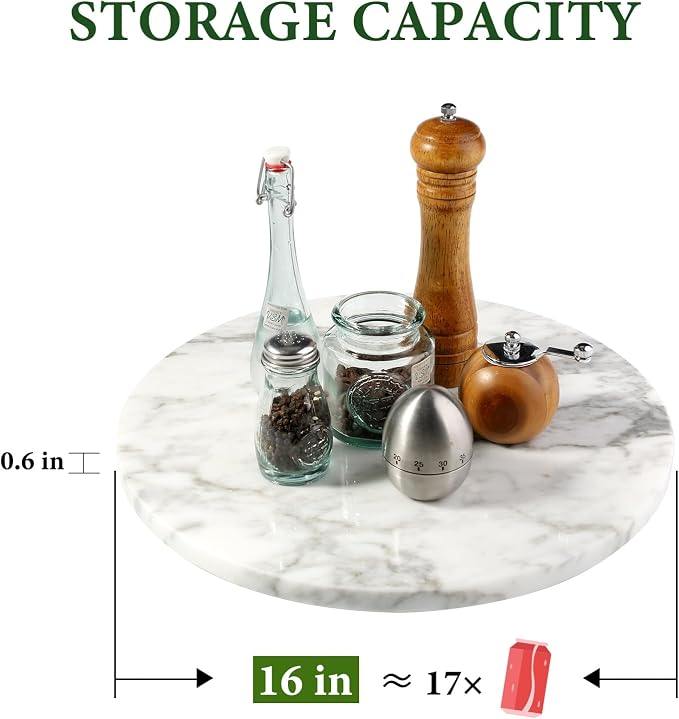 16'' Marble Lazy Susan Marble Turntable for Kitchen Dinning, Lazy Susans Organizer for Cabinet, Serving Rotation Spinning Tabletop Organizer Swiveling, Spice Rack Storage(Arabescato White) - Image 3